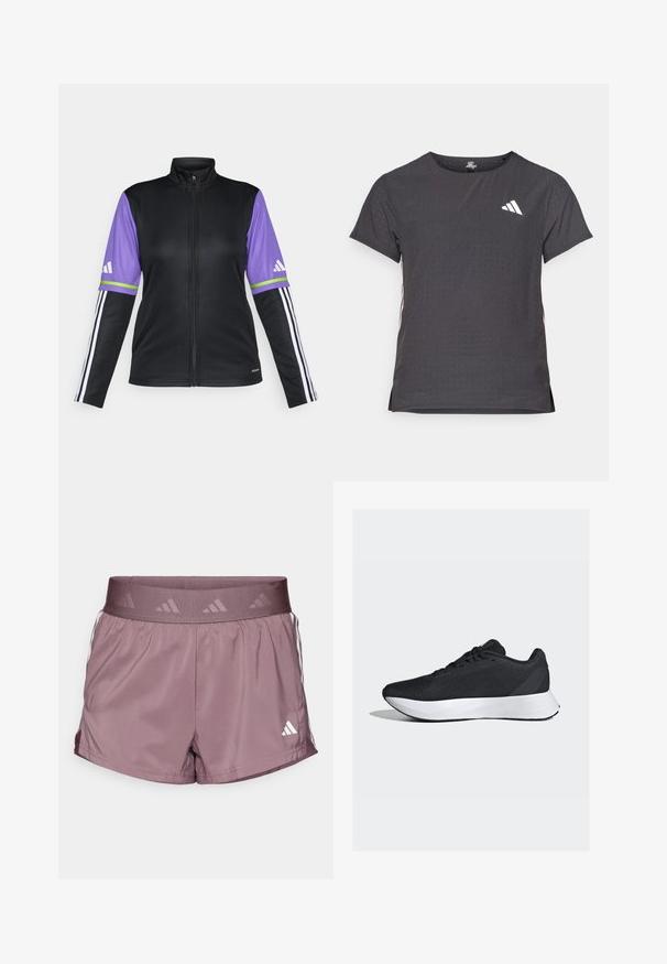 Black zip-up jacket with purple sleeves, green and white stripes, and three white stripes on the black cuffs. Made from smooth fabric.; Short-sleeve athletic t-shirt, dark gray with perforated texture. Features a white logo and contrasting side stripes. Rounded neckline.; adidas Performance HYPERGLAM SHORT - Sports shorts - shadow fig/white; Black athletic shoes with a breathable mesh upper, white midsole, and sleek, curved design; features laces and a sturdy rubber outsole.