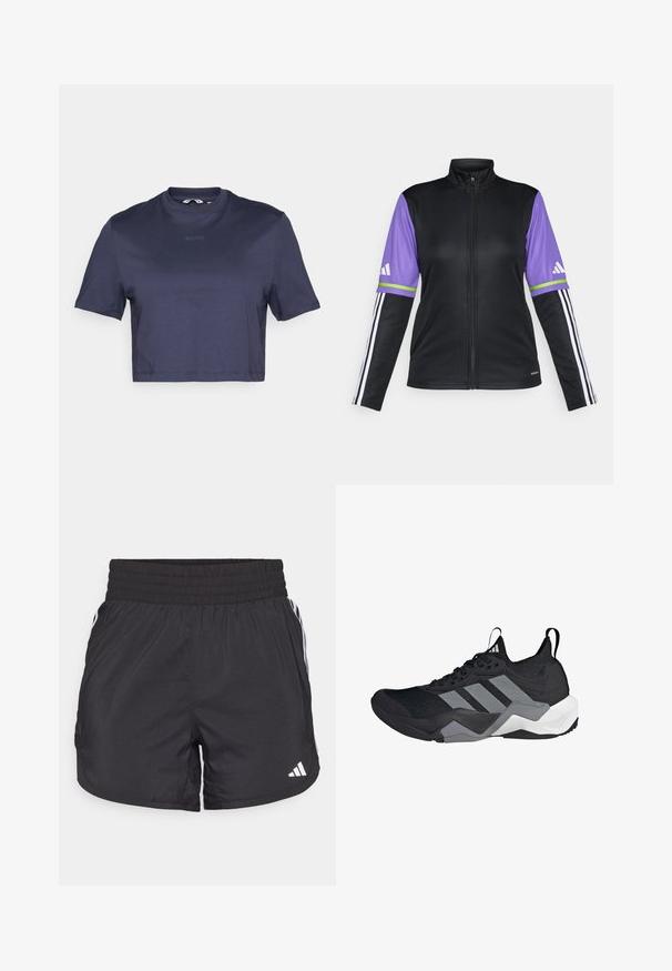 Jachetă neagră cu fermoar, cu mâneci purpurii, dungi verzi și albe și trei dungi albe pe manșetele negre. Fabricată dintr-un material fin.; Tricou scurt, de culoare bleumarin, confecționat dintr-un material neted, cu guler rotund și mâneci scurte. Are inscripționat subtil textul "BORG" pe partea din față.; Șorturi atletice negre, cu talie elastică, buzunare laterale și accente albe pe laterale. Fabricate dintr-un material ușor.; Pantoful sportiv negru cu un superior din plasă respirabilă, accente gri, talpă texturată și trei dungi distinctive pe lateral.