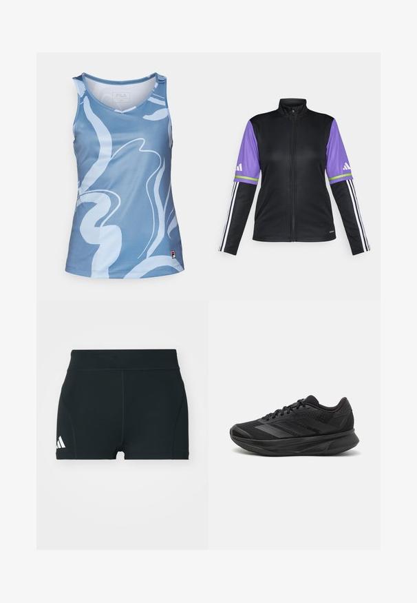 Crna jakna na zatvaranje s kapuljačom s ljubičastim rukavima, zelenim i bijelim prugama te tri bijele pruge na crnim manžetama. Izrađena od glatkog materijala.; Plava bezrukava sportska majica s svijetloplavim apstraktnim valovitim uzorcima, V-izrezom i malim FILA logotipom blizu donjeg ruba.; Crne atletske kratke hlače od rastezljivog materijala, s visokim strukom, prilagođenim oblikom i bijelim Adidas logotipom sa lijeve strane.; Crne trkaće tenisice s prozračnom mrežastom gornjom konstrukcijom, zaobljenim prstima, elegantnim dizajnom, teksturiranim detaljima i mekanim potplatom za udobnost.