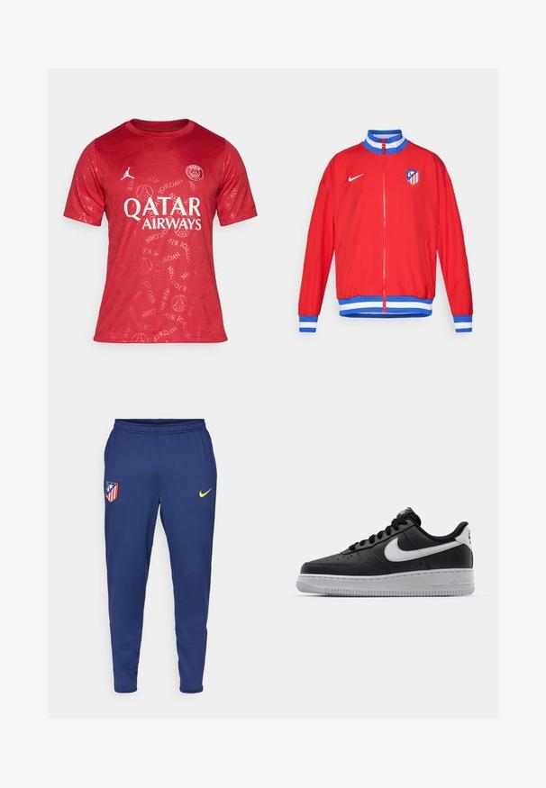 Sarkans sporta žakets ar rāvējslēdzēja aizdari, ziliem un baltajiem svītrainajiem piedurknēm un apakšmalu, ar Nike logotipu un kluba emblemu kreisajā krūtī.; Sarkans sporta krekls ar apaļu kaklu, īsām piedurknēm, smalku tekstūru un atkārtotiem Air Jordan un Parīzes Saint-Germain logo.; Jūras spēku sporta bikses no viegla auduma, ar dzelteno Nike logotipu un kluba simbolu ar sarkaniem un baltiem svītrām. Iekļauts elastīgs jostasvīrs.; Melna ādas sporta apavi ar teksturētu virsmu, balta Nike swoosh zīme, pelēks zole, apaļa pirksta daļa un saistējs dizains. Iekļautas perforācijas uz pirksta kastes.