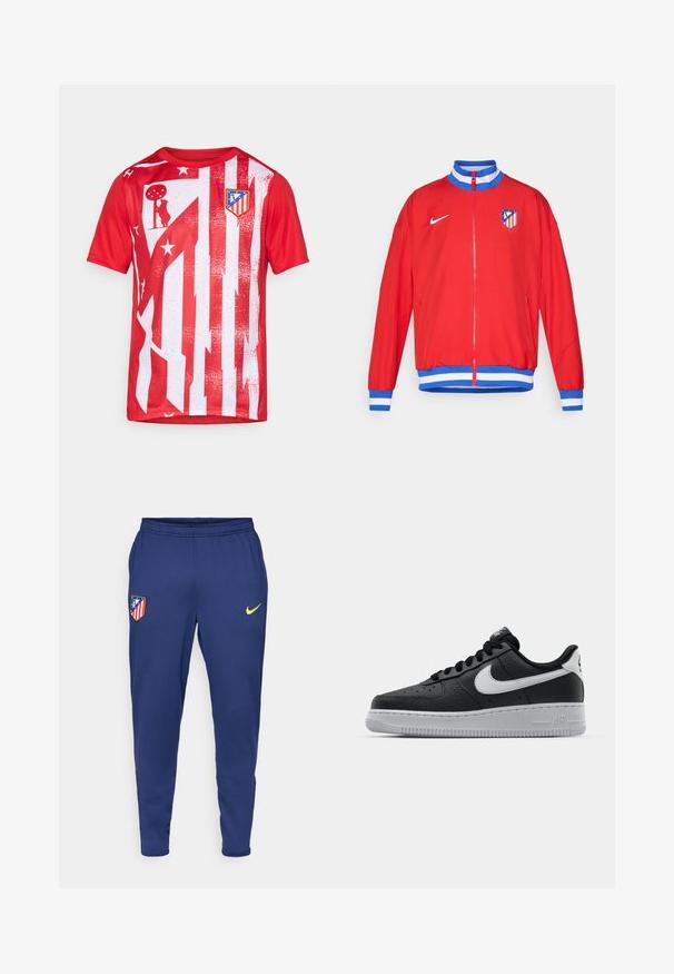 Sarkans sporta žakets ar rāvējslēdzēja aizdari, ziliem un baltajiem svītrainajiem piedurknēm un apakšmalu, ar Nike logotipu un kluba emblemu kreisajā krūtī.; Sarkana sporta krekls ar vertikālām baltām svītrām, nodiluma rakstiem un kluba logo uz krūtīm. Izgatavots no elpojoša auduma.; Jūras spēku sporta bikses no viegla auduma, ar dzelteno Nike logotipu un kluba simbolu ar sarkaniem un baltiem svītrām. Iekļauts elastīgs jostasvīrs.; Melna ādas sporta apavi ar teksturētu virsmu, balta Nike swoosh zīme, pelēks zole, apaļa pirksta daļa un saistējs dizains. Iekļautas perforācijas uz pirksta kastes.