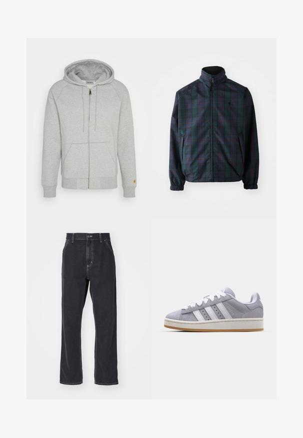 Carhartt WIP REVERSIBLE PLANER JACKET - Ľahká bunda - force blue/black; Sivá zipsová mikina z mäkkej bavlnenej zmesi, s kapucňou, prednými vreckami, ribovanými manžetami a lemom, s pozláteným logom na rukáve.; Biela tričko s krátkym rukávom vyrobené z bavlny, s okrúhlym výstrihom a voľným strihom. Hladká textúra, bez viditeľných vzorov alebo akcentov.; Čierne džínsy z denimu so strihom rovného nohavice, so zipsom, piatimi vreckami a kontrastným šitím pozdĺž švov.; Sivé semišové tenisky s bielymi pruhmi, okrúly špička a gumová podrážka. Majú perforácie na boku a textúrovaný pätkový jazyk.