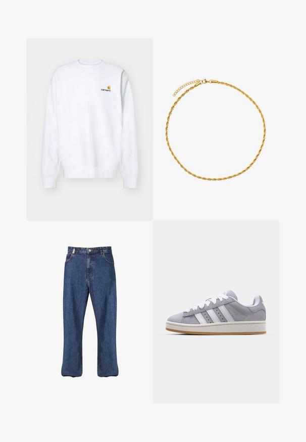 Carhartt WIP REVERSIBLE PLANER JACKET - Jas - force blue/black; Carhartt WIP AMERICAN SCRIPT - Sweater - white; Donkerblauwe denim jeans met een recht gesneden ontwerp, klassieke vijf-pocket stijl en zichtbare stiksels langs de naden.; Grijze suede sneakers met witte strepen, ronde neus en rubberen zool. Heeft perforaties aan de zijkant en een getextureerde hiel tab.; Gouden gedraaide ketting met een sluiting en een verstelbare verlengketing voor lengtevariatie. Gladde textuur en glanzende afwerking.