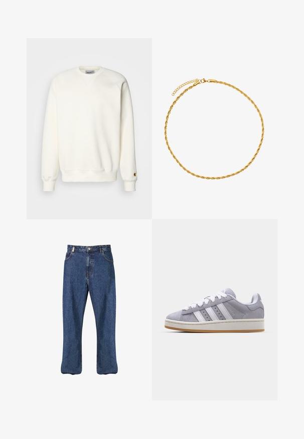 Carhartt WIP REVERSIBLE PLANER JACKET - Giacca da mezza stagione - force blue/black; Carhartt WIP CHASE - Felpa - wax/gold; Jeans in denim di colore blu scuro, caratterizzati da un design a gamba dritta, stile classico a cinque tasche e cuciture visibili lungo le cuciture.; Sneakers in suede grigio con strisce bianche, punta rotonda e suola in gomma. Presentano perforazioni laterali e una linguetta sul tallone testurizzata.; Collana a catena dorata attorcigliata con chiusura a gancio e una catenina di estensione regolabile per variare la lunghezza. Texture liscia e finitura lucente.