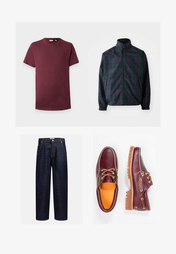 Carhartt WIP REVERSIBLE PLANER JACKET - Casaco leve - force blue/black; T-shirt em bordeaux de gola redonda, em algodão suave, com mangas curtas e corte clássico, apresentando uma bainha reta sem padrões ou detalhes em metal.; Jeans de ganga escura com um ajuste reto, apresentando cinco bolsos, rebites de cobre e costuras contrastantes ao longo das costuras.; Sapatos de couro bordô com solas de borracha castanhas, bico arredondado, costura branca e ilhós dourados. O interior apresenta um forro amarelo.