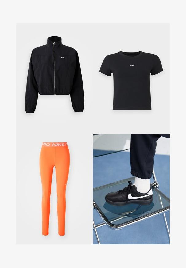 Musta lyhythihainen takki, joka on valmistettu kevyestä materiaalista. Takissa on korkea kaulus, koko zippikiinnitys ja joustavat hihansuut; rintapuolella on pieni valkoinen logo.; Mustat lyhyet hihattomat t-paidat, jotka on valmistettu puuvillasta ja joissa on pyöreä pääntie. Sisältää valkoisen Nike-logon rinnassa, yksinkertainen muotoilu ja kapea leikkaus.; Oranssi urheilu leggingsit, joissa on tiukka muotoilu ja jotka on valmistettu joustavasta materiaalista. Varustettu valkoisella merkkivaatteella ja pienellä logolla sivussa.; Mustat Nike-tennarit valkoisilla yksityiskohdilla, joissa on sileä nahkapinta, nauhakiinnitys ja pyöreä varvas, aseteltuna lasituolille.