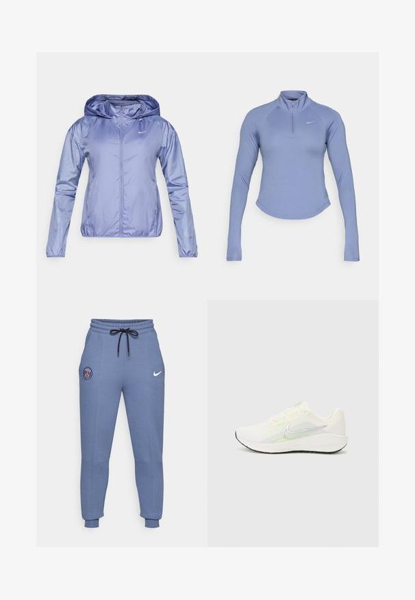 Lightweight, hooded jacket in light purple, with a smooth, shiny texture. Features dotted pattern on sleeves and a front zipper.; Light blue long-sleeve zip-up top made of smooth, stretchy material. Features a high collar and a small logo on the left chest.; Blue cotton blend joggers with elastic waistband, black drawstring, side pockets, ribbed cuffs, featuring a Paris logo and Nike swoosh.; Nike Performance DOWNSHIFTER 13 - Road running shoes - sail/silver-coloured photon dust/summit white/barely volt/black