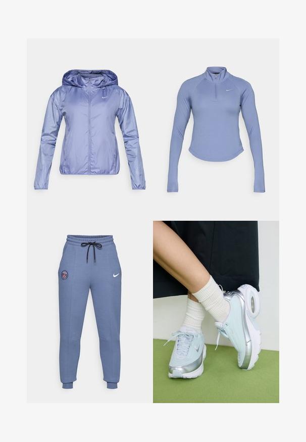 Könnyű, kapucnis dzseki világoslila színben, sima, fényes textúrával. Az ujjakon pöttyös minta található, elöl cipzárral.; Világoskék, hosszú ujjú, cipzáras felső sima, rugalmas anyagból. Magas gallérral és egy kis logóval rendelkezik a bal mellrészen.; Kék pamut keverék melegítőnadrág, rugalmas derékrésszel, fekete húzózsinórral, oldalsó zsebekkel, bordázott mandzsettákkal, Párizs logóval és Nike pipa emblémával.; Világoskék sportcipő ezüst díszítésekkel, texturált felső résszel, párnázott talppal és látható levegő egységgel. Fehér bordázott zoknival párosítva.