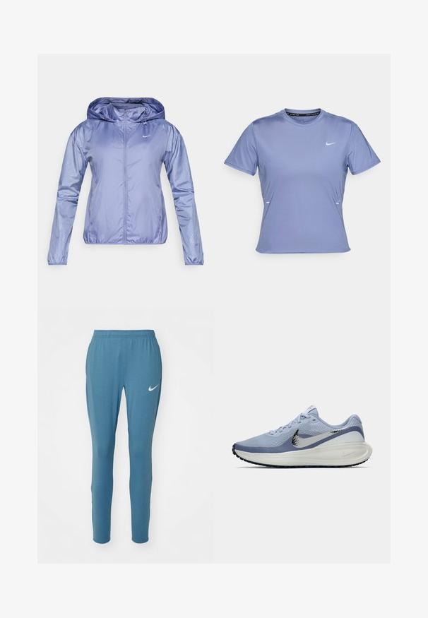Ľahká, kapucňová bunda vo svetlo fialovej farbe, s hladkým, lesklým povrchom. Obsahuje bodkovaný vzor na rukávoch a predný zips.; Krátky rukáv športového trička vo svetlofialovej farbe, s okrúhlym výstrihom a malým bielym logom Nike na ľavej hrudi.; Modré športové nohavice s úzkym strihom, elastickým pásom a malým bielym logom Nike na ľavom stehne. Hladký, ľahký materiál.; Svetlomodré a biele bežecké topánky Nike so strieborným Swooshom, priedušný sieťovaný zvršok, odpružená podrážka a čierny vzor na vonkajšej podrážke.