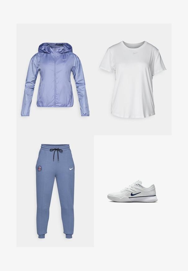 Lichte, hooded jas in lichtpaars, met een gladde, glanzende textuur. Voorzien van een stippenpatroon op de mouwen en een ritssluiting aan de voorkant.; Witte T-shirt met korte mouwen van gladde stof, met een ronde halslijn en een klein grijs Nike-logo op de borst.; Blauwe katoenen joggingbroek in een gemêleerde stof met een elastische tailleband, zwarte trekkoord, zijzakken en geribbelde boorden, met een logo van Parijs en de Nike swoosh.; Witte sportschoen met een gestructureerde mesh bovenkant, marineblauwe accenten en een gevoerde zool met een gemusterde grip. Veters geïntegreerd in het ontwerp.