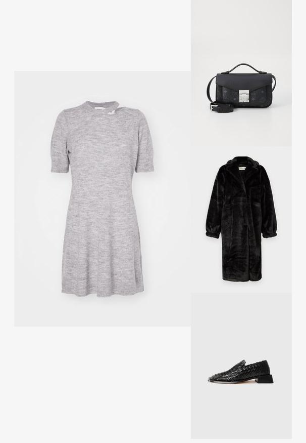 Casaco de pelúcia preto com um corte relaxado, mangas largas e lapelas grandes, apresentando uma superfície suave e texturizada e um design de frente aberta.; Vestido de malha cinza claro com mangas curtas, corpete justo e saia rodada. Apresenta um decote redondo e uma textura suave com um padrão sutil.; Shoe slip-on de couro preto trançado com salto baixo e detalhe em borda ondulada, exibido sobre um fundo branco.; Mala de mão em pele preta com uma seção superior lisa e uma seção inferior texturizada com padrões em relevo. Fecho de fecho metálico prateado e alça destacável.