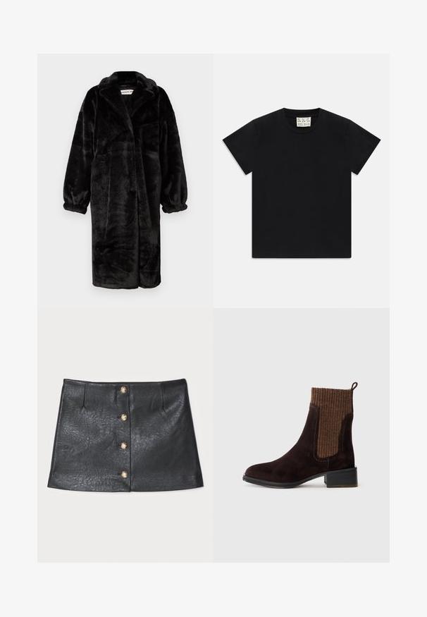 Crni kaput od umjetnog krzna s opuštenim krojem, širokim rukavima i velikim reverima, s mekom, teksturiranom površinom i otvorenim prednjim dizajnom.; Crna kratka majica s okruglim izrezom i kratkim rukavima s bijelim oznakom unutar ovratnika na kojoj piše "D.R.C. EST. 2002" na bijeloj pozadini.; Crna kožna mini suknja koja se odlikuje elegantnim dizajnom, prednjim zatvaranjem na dugme s zlatnim detaljima i teksturiranim površinom s suptilnim sjajem.; Smeđe antilop čizme do gležnja s teksturiranim smeškim rebrastim gornjim delom, glatkom završnom obradom, niskim blok petom i rupicom na peti za lakše obuvanje.