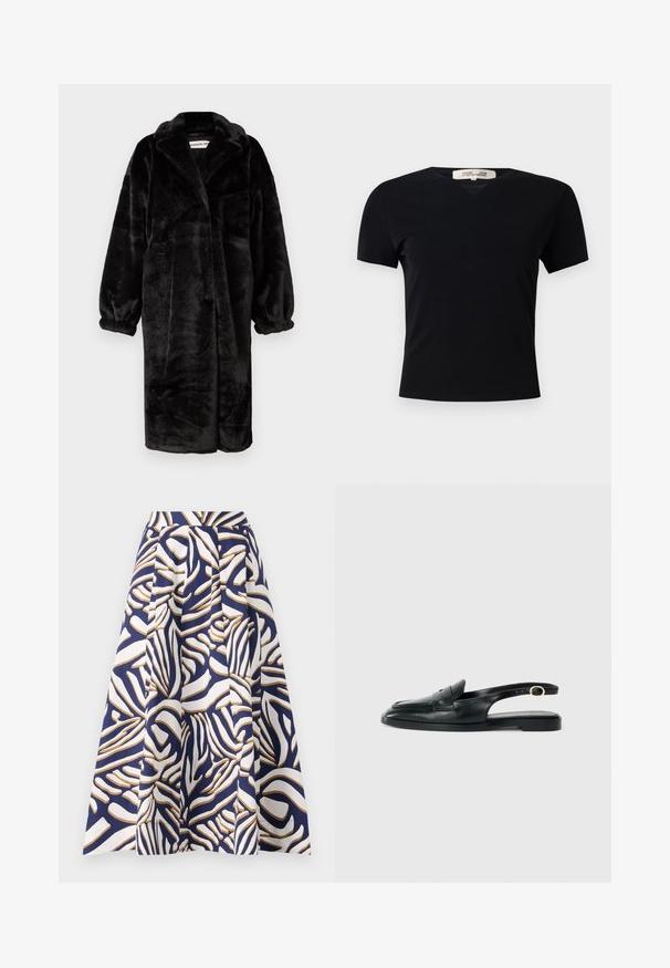 Musta keinoturkista valmistettu takki, joka on rento malli, leveillä hihoilla ja suurilla kauluksilla. Takissa on pehmeä, teksturoitu pinta ja avoin etusuunnittelu.; Mustasa lyhythihainen t-paita V-kaula-aukolla, valmistettu sileästä ja joustavasta kankaasta. Ominaisuuksiin kuuluu yksinkertainen, klassinen siluetti ilman koristeita.; Knee-length hame, joka on valmistettu puuvillasta ja jossa on laivastonsininen tausta rohkeilla valkoisilla ja kultaisilla abstrakteilla kuvioilla; laskostettu muotoilu lisää tilavuutta.; Musta nahkainen slingback-kengä, jossa on pyöristetty kärki, tasapohja, sivuleikkaus ja kultasävyinen klipsi nauhassa.