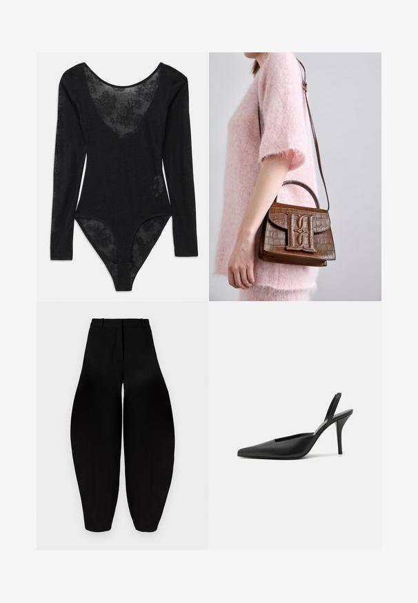 Casaco de pelúcia preto com um corte relaxado, mangas largas e lapelas grandes, apresentando uma superfície suave e texturizada e um design de frente aberta.; Macacão preto com mangas longas e decote em forma de barco profundo. Apresenta um painel de renda floral transparente na parte da frente e tecido texturizado em toda a sua extensão.; Calças largas pretas com uma cintura alta, frente plissada e tornozelos afunilados. Feitas de um tecido suave com um acabamento mate.; Sapatos de salto aberto pretos com biqueira afiada, material de couro suave e um design elegante e minimalista. Salto alto de agulha.; Bolsa de mão em pele de crocodilo castanha com alça superior e faixa para ombro. Apresenta um logótipo proeminente na aba frontal. Textura suave.