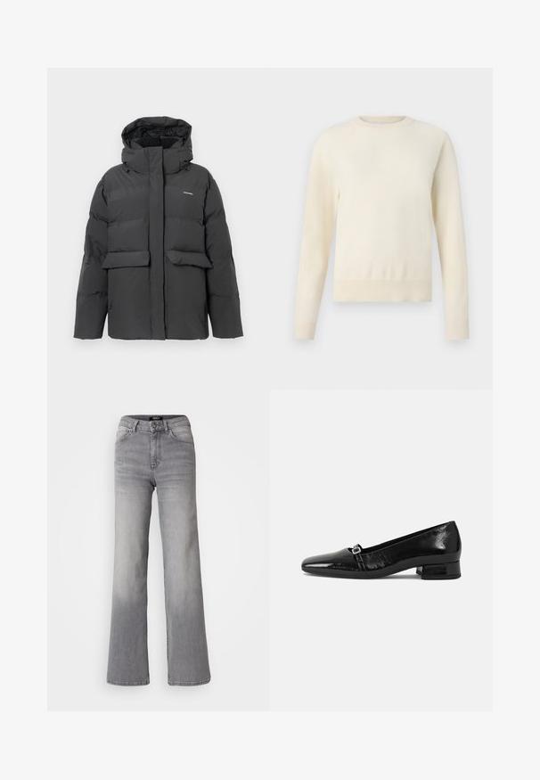 Casaco de inverno acolchoado preto com capuz, bolsos frontais com aba e fecho de correr completo, exibido contra um fundo branco liso.; Pullover de cor creme claro, com mangas longas, decote redondo e bainha canelada. Feito de um material suave, com uma textura lisa.; Jeans de ganga cinzentos de cintura alta e corte reto, com botão e fecho à frente, bolsos dianteiros e traseiros, e desbaste nas coxas e panturrilhas.; Sapatilhas balet em pele sintética preta com bico pontiagudo, salto quadrado baixo e um pequeno detalhe de fivela metálica na correia. Textura suave.