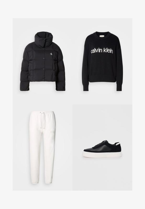 Giacca piumino nera con un design cropped, colletto alto e chiusura con bottoni. Realizzata in materiale lucido e isolato con sezioni trapuntate.; Maglione nero a maniche lunghe in maglia con scollo rotondo e logo "calvin klein" bianco centrato sul davanti.; Pantaloni della tuta bianchi realizzati in morbido tessuto, con vita regolabile tramite cordoncino e logo ricamato sulla coscia sinistra. Design con gamba affusolata.; Sneaker nera con pannelli in pelle liscia e suede, lacci piatti, punta arrotondata e suola in gomma bianca. Logo distintivo sul tallone.