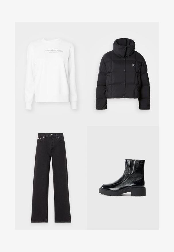 Černá péřová bunda s krátkým střihem, vysokým límcem a zapínáním na knoflíky. Vyrobena z lesklého, izolačního materiálu s prošívanými částmi.; Calvin Klein Jeans INSTITUTIONAL GRAPHIC - Mikina - ivory; Černé široké jeansy vyrobené z denimu, s vysokým pasem, pěti kapsami a kovovým zapínáním s kontrastním prošíváním.; Černé kotníkové boty s lesklým lakovaným povrchem, robustní černou gumovou podešví a zvýšeným podpatkem; obsahují jemný logo detail na boku.