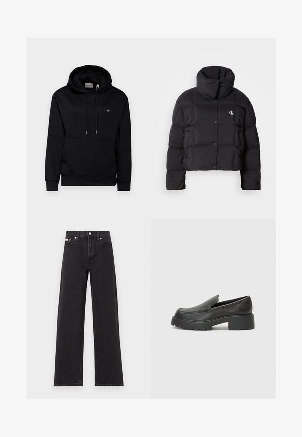 Svart puffy-jacka med en cropped design, hög krage och knappstängning. Tillverkad av glänsande, isolerat material med quiltade sektioner.; Svart hoodie med en framficka, snoddar och mjukt tyg. Har en liten broderad logotyp på bröstet och ribbade muddar.; Svarta vida jeans i denim med hög midja, fem fickor och metallknappstängning med kontrasterande sömmar.; Svarta läderloafers med rund tå, tjockt strukturerat såle och minimala sömnadsdetaljer. Snygg design utan synliga snören eller beslag.
