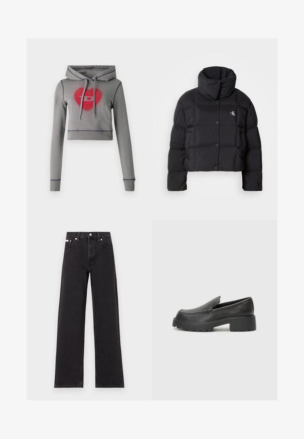 Black puffer jacket with a cropped design, high collar, and button closure. Made from glossy, insulated material featuring quilted sections.; Gray cropped hoodie with long sleeves, drawstring hood, and red heart and logo design embellished with rhinestones. Contrast stitching detail.; Black wide-leg jeans made of denim, featuring a high-rise waist, five-pocket styling, and a metal button closure with contrasting stitching.; Black leather loafers with a rounded toe, thick textured sole, and minimal stitching details. Sleek design with no visible laces or hardware.