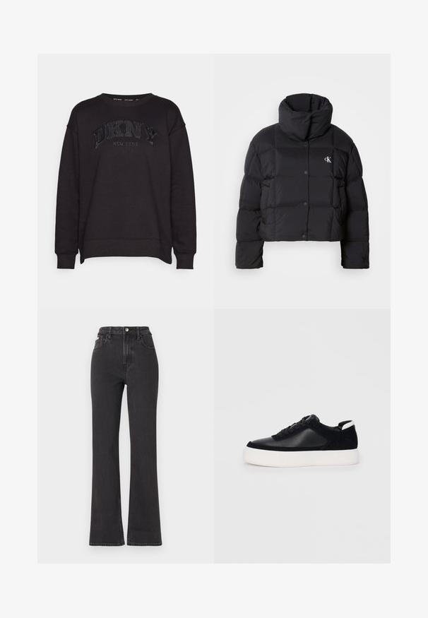 Svart pufferjakke med en cropped design, høy krage og knappelukking. Laget av glossy, isolert materiale med kviltede seksjoner.; DKNY VARSITY APPLIQUE LOGO LONG LINE CREW NECK PULLOVER - Sweatshirt - black; Svarte høyt midje, utsvingte jeans laget av denim, med knappelukking, beltehemper og sidelommer. Glatt tekstur med minimal falming.; Svart sneakers med glatt skinn og semsket skinnpaneler, flate snørebånd, rund tå og hvit gummisåle. Distinkt logo på hælen.
