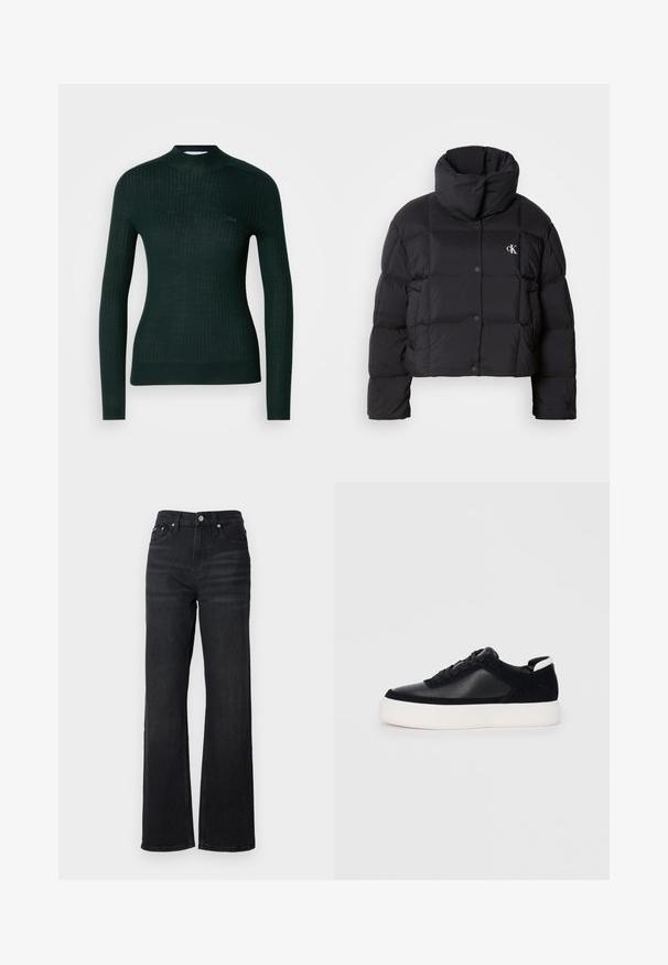 Fekete puffertáska, rövidített fazonnal, magas gallérral és gombos záródással. Fényes, szigetelt anyagból készült, steppelt részekkel.; Sötétzöld, bordás, hosszú ujjú pulóver, állított nyakkal és kis hímezett logóval a bal melleden.; Fekete farmer széles lábú nadrág magas derékkal, öt zsebes kialakítással és ezüst színű fémgombbal. Az anyag sima tapintású és enyhén elasztikus.; Fekete sportcipő sima bőrből és velúr panelekkel, lapos fűzőkkel, kerek orral és fehér gumi talppal. Megkülönböztető logó a sarkán.