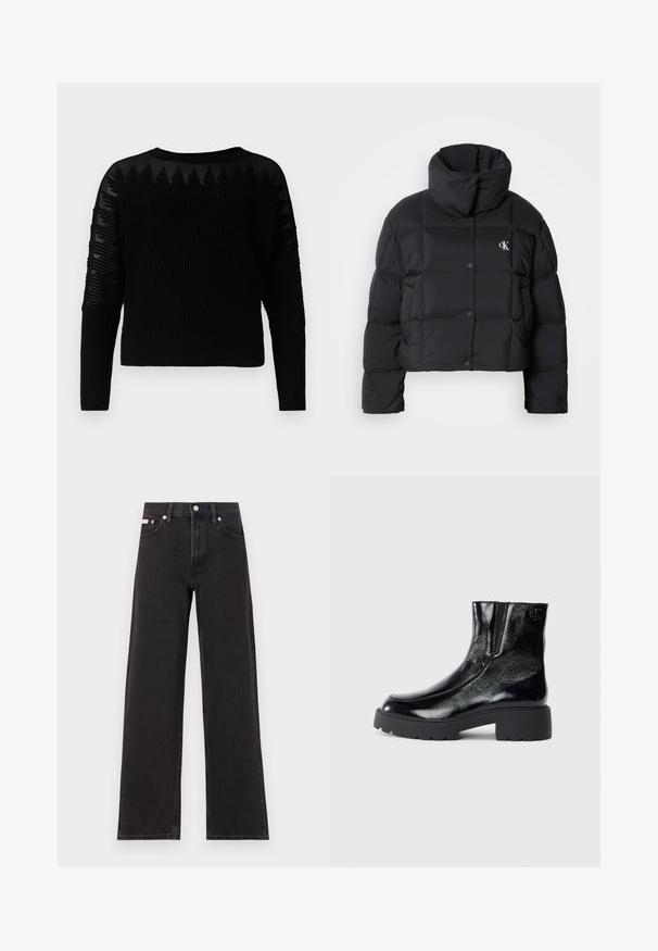 Fekete puffertáska, rövidített fazonnal, magas gallérral és gombos záródással. Fényes, szigetelt anyagból készült, steppelt részekkel.; Fekete kötött pulóver bordázott textúrával és áttetsző mintás díszítésekkel a ujjain. Körcsipkás nyakkal és hosszú ujakkal rendelkezik, cropped fazonú.; Fekete, bőszárú farmernadrág, magas derekú, öt zsebes kialakítással és fém gombos záródással, kontrasztos varrással.; Fekete bokacsizmák fényes lakkbőr felülettel, vastag fekete gumitalppal és megemelt sarokkal; oldalon diszkrét logó részlettel.