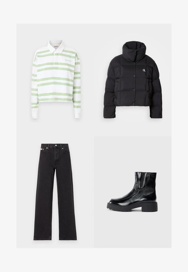 Crna puffer jakna s krojenjem na visini struka, visokim ovratnikom i kopčanjem na dugmad. Izrađena od sjajnog, izoliranog materijala s četvrtastim sekcijama.; Skraćena polo majica od bijele tkanine s zelenim horizontalnim prugama, s ovratnikom na dugme i izvezenim logotipom na lijevoj strani prsnog dela.; Crne široke traperice od denima, s visokim strukom, pet džepova i metalnim zatvaranjem s kontrastnim šavovima.; Crne gležnjače s sjajnim lakiranim završetkom, debelim crnim gumastim potplatima i povišenim potpeticama; uključuju suptilan detalj loga sa strane.