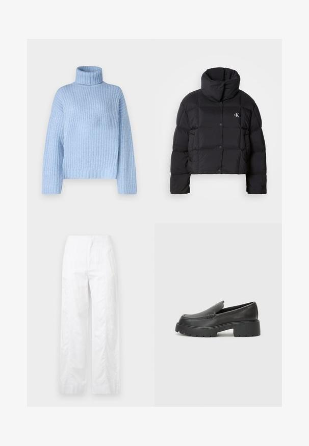 Melnā pūkainā jaka ar saīsinātu dizainu, augstu apkakli un pogu aizdari. Izgatavota no spīdīgas, izolējošas materiāla ar kviltētām daļām.; Gaiši zils augstu ietīts džemperis ar ribu tekstūru, ar garām piedurknēm un brīvu piegriezumu, aprīkots ar platu, strukturētu apkakli pie kakla.; Baltas, plaša kāju bikses, izgatavotas no viegla auduma, ar gludu tekstūru, tīrām līnijām un augstu jostasvietu.; Melnas ādas mokasīni ar noapaļotu purngalu, biezs teksturēts zoles un minimālas dūriena detaļas. Gluds dizains bez redzamām auklām vai metāla elementiem.