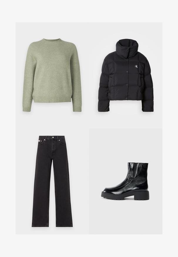 Černá péřová bunda s krátkým střihem, vysokým límcem a zapínáním na knoflíky. Vyrobena z lesklého, izolačního materiálu s prošívanými částmi.; DRYKORN PEMIRI - Svetr - green; Černé široké jeansy vyrobené z denimu, s vysokým pasem, pěti kapsami a kovovým zapínáním s kontrastním prošíváním.; Černé kotníkové boty s lesklým lakovaným povrchem, robustní černou gumovou podešví a zvýšeným podpatkem; obsahují jemný logo detail na boku.