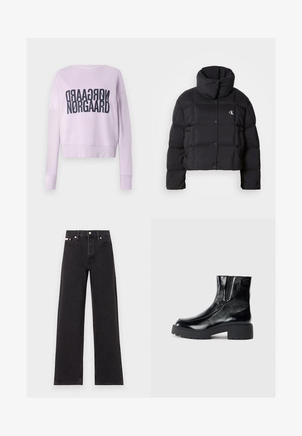 Černá péřová bunda s krátkým střihem, vysokým límcem a zapínáním na knoflíky. Vyrobena z lesklého, izolačního materiálu s prošívanými částmi.; Fialová zkrácená mikina vyrobená z měkké látky, s výrazným černým nápisem "NORGAAARD" v moderním písmu na přední straně. Dlouhé rukávy s žebrovanými manžetami.; Černé široké jeansy vyrobené z denimu, s vysokým pasem, pěti kapsami a kovovým zapínáním s kontrastním prošíváním.; Černé kotníkové boty s lesklým lakovaným povrchem, robustní černou gumovou podešví a zvýšeným podpatkem; obsahují jemný logo detail na boku.