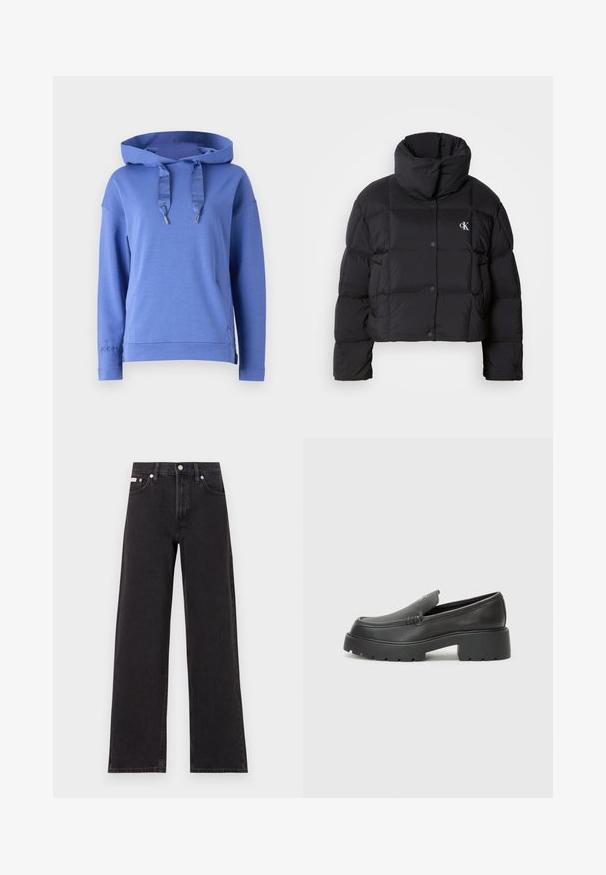 Chaqueta de plumas negra con un diseño corto, cuello alto y cierre de botones. Fabricada con material brillante e insulated que presenta secciones acolchadas.; Sudadera con capucha azul, hecha de una tela suave, que presenta cordones con puntas de metal y un logo bordado en la manga.; Jeans anchos de mezclilla negros, con cintura alta, cinco bolsillos y cierre de botón metálico con costuras contrastantes.; Mocasines de piel negra con punta redondeada, suela texturizada gruesa y mínimos detalles de costura. Diseño elegante sin cordones o herrajes visibles.