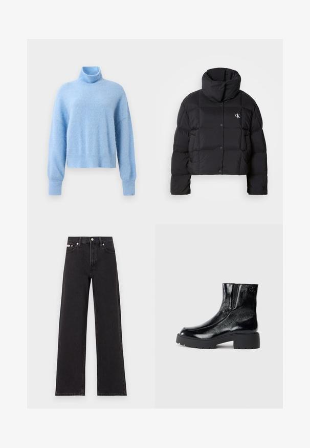Black puffer jacket with a cropped design, high collar, and button closure. Made from glossy, insulated material featuring quilted sections.; Light blue, cropped turtleneck sweater made of soft, textured fabric with long sleeves and ribbed cuffs for added detail.; Black wide-leg jeans made of denim, featuring a high-rise waist, five-pocket styling, and a metal button closure with contrasting stitching.; Black ankle boots with a glossy patent leather finish, chunky black rubber sole, and raised heel; includes subtle logo detail on the side.