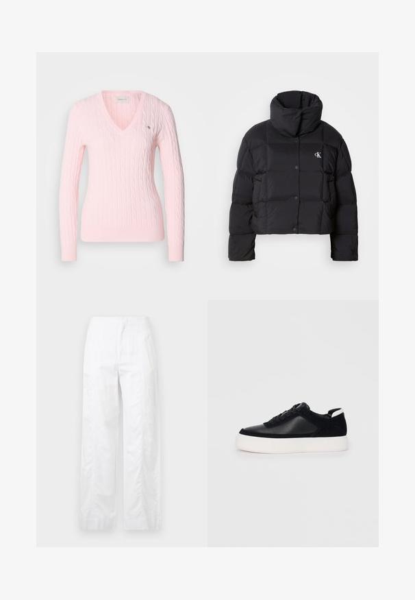 Melnā pūkainā jaka ar saīsinātu dizainu, augstu apkakli un pogu aizdari. Izgatavota no spīdīgas, izolējošas materiāla ar kviltētām daļām.; Rozā adīta džemperis ar V veida kaklu, ar kabeli izšūtu rakstu un ribotiem piedurknēm. Mazs logo kreisajā krūškurvja pusē. Mīksta tekstūra.; Baltas, plaša kāju bikses, izgatavotas no viegla auduma, ar gludu tekstūru, tīrām līnijām un augstu jostasvietu.; Melnas sporta kurpes ar gludu ādu un zamša paneļiem, plakaniem šņorēm, noapaļotu pirkstu daļu un baltu gumijas zolīti. Izteikts logo uz papēža.