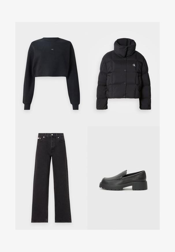 Svart puffy-jacka med en cropped design, hög krage och knappstängning. Tillverkad av glänsande, isolerat material med quiltade sektioner.; Svart kortärmad sweatshirt med långa ärmar, rund halsringning och en liten logotyp på bröstet. Tyget har en slät textur.; Svarta vida jeans i denim med hög midja, fem fickor och metallknappstängning med kontrasterande sömmar.; Svarta läderloafers med rund tå, tjockt strukturerat såle och minimala sömnadsdetaljer. Snygg design utan synliga snören eller beslag.