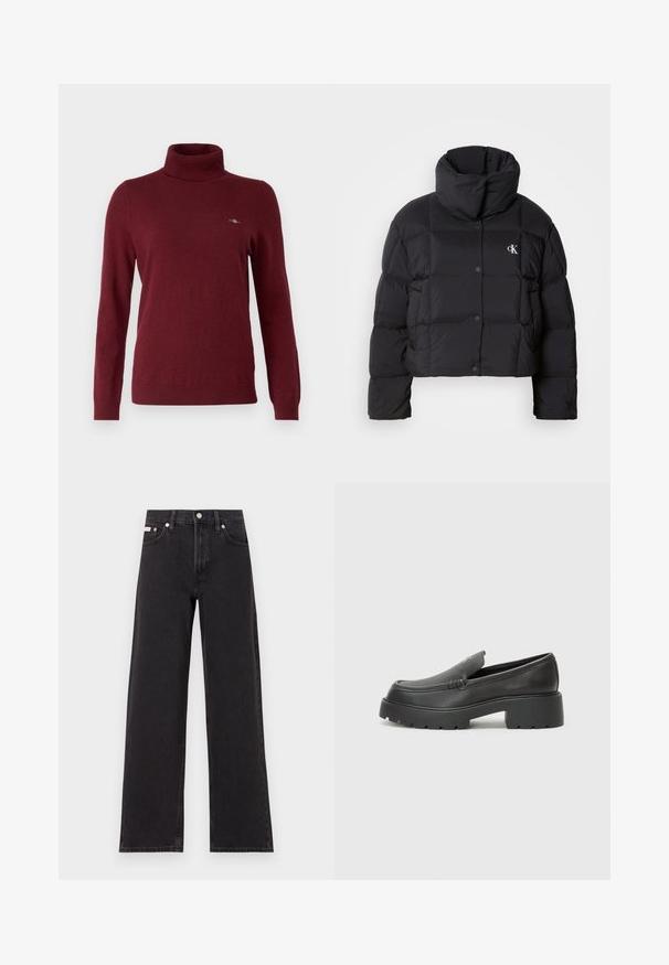 Doudoune noire au design court, avec un col montant et une fermeture à boutons. Fabriquée en matériau brillant et isolant, avec des sections matelassées.; GANT ROLLNECK - Pullover - plumped red; Jeans noirs à jambes larges en denim, avec une taille haute, une coupe à cinq poches et une fermeture à bouton en métal avec des coutures contrastantes.; Mocassins en cuir noir avec un bout arrondi, une semelle épaisse et texturée, et des détails de couture minimalistes. Design épuré sans lacets ni métal visibles.