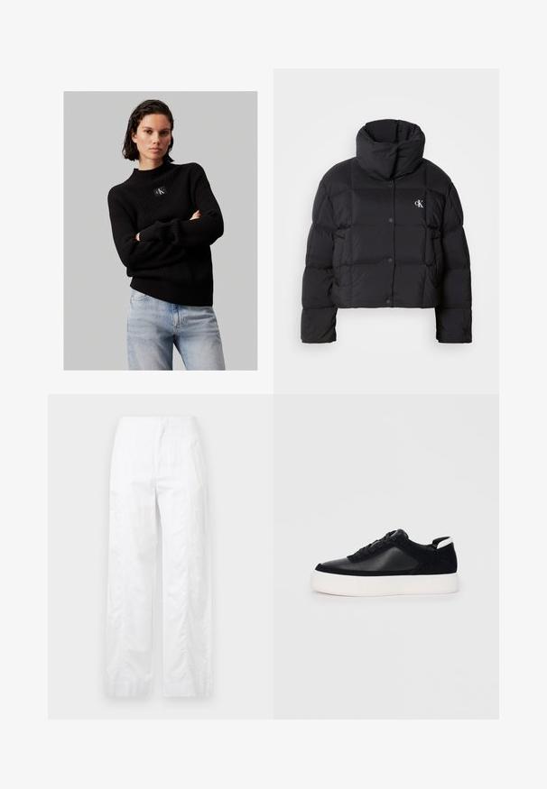 Crna puffer jakna s krojenjem na visini struka, visokim ovratnikom i kopčanjem na dugmad. Izrađena od sjajnog, izoliranog materijala s četvrtastim sekcijama.; Calvin Klein Jeans LABEL LOOSE SWEATER - Vesta - black; Bijele široke hlače od laganog materijala, s glatkom teksturom, čistim linijama i visokim strukom.; Crne tenisice s glatkom kožom i panelima od antilopa, ravne vezice, zaobljenim vrhom i bijelim gumeni potplat. Izraziti logo na peti.