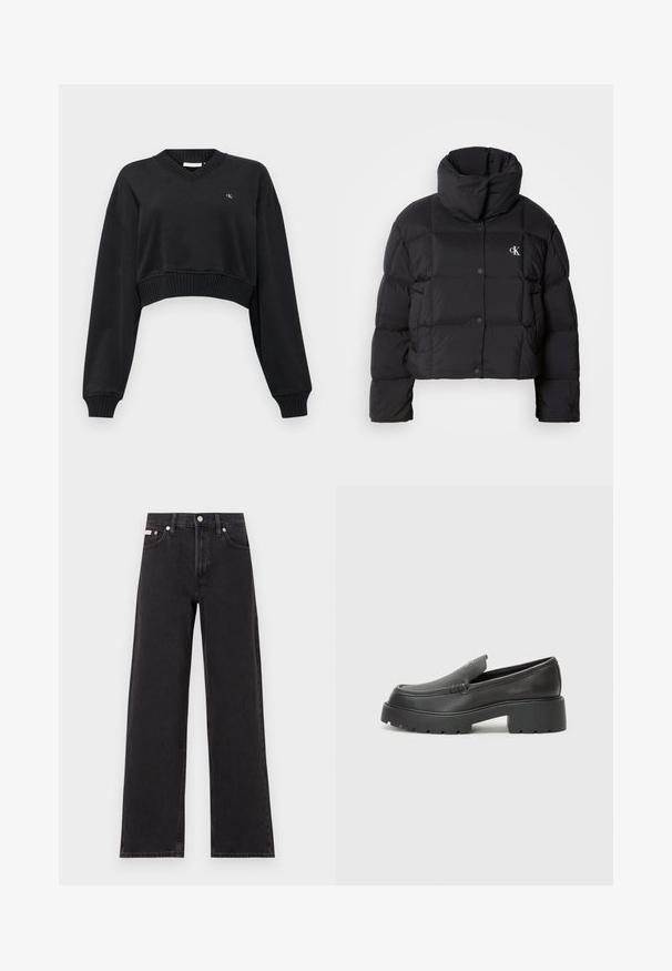 Casaco puffer preto com um design cropped, gola alta e fecho de botão. Feito de material brilhante e isolante, apresentando seções acolchoadas.; Sweatshirt preto curto com decote em V, mangas longas e bainha canelada. Apresenta um pequeno logotipo bordado no peito. Textura de tecido suave.; Jeans de perna larga pretos feitos de denim, apresentando uma cintura alta, estilo de cinco bolsos e um fecho em botão de metal com costura contrastante.; Mocassins de couro preto com bico arredondado, sola espessa e texturizada, e detalhes de costura minimalistas. Design elegante sem atacadores ou ferragens visíveis.