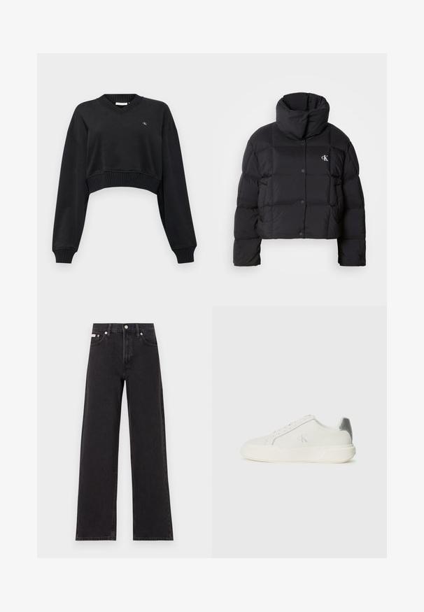 Melnā pūkainā jaka ar saīsinātu dizainu, augstu apkakli un pogu aizdari. Izgatavota no spīdīgas, izolējošas materiāla ar kviltētām daļām.; Melna īsā apgrieztā džemperis ar V veida kakla izgriezumu, garām piedurknēm un ribotu apakšmalu. Uz krūtīm ir neliels izsistais logo. Mīksta auduma tekstūra.; Melni platmalu džinsi, kas izgatavoti no denima, ar augstu vidukli, piecu kabatu dizainu un metāla pogas aizdari ar kontrastējošu šuvumu.; Balti ādas sporta apavi ar gludu virsmu, kas aprīkoti ar sudraba akcentu uz papēža, plakanu zoli un minimālisma dizainu.