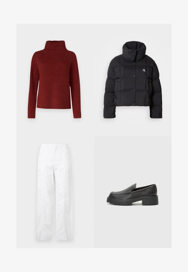 Jachetă puffer neagră cu un design scurt, guler înalt și închidere cu buton. Fabricată dintr-un material lucios și izolat, cu secțiuni matlasate.; DRYKORN ARWEN - Pulover - red; Pantaloni albi cu croială largă, fabricați dintr-un material ușor, având o textură netedă, linii curate și un design cu talie înaltă.; Mocasini din piele neagră, cu vârf rotunjit, talpă groasă texturată și detalii minimale de cusătură. Design elegant, fără șireturi sau accesorii vizibile.