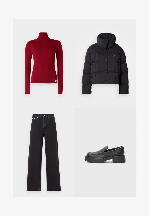Casaco puffer preto com um design cropped, gola alta e fecho de botão. Feito de material brilhante e isolante, apresentando seções acolchoadas.; Pulôver turtleneck vermelho com texturização canelada, feito de um tecido de malha elástica. Apresenta mangas longas e uma pequena etiqueta de logotipo no canto inferior esquerdo.; Jeans de perna larga pretos feitos de denim, apresentando uma cintura alta, estilo de cinco bolsos e um fecho em botão de metal com costura contrastante.; Mocassins de couro preto com bico arredondado, sola espessa e texturizada, e detalhes de costura minimalistas. Design elegante sem atacadores ou ferragens visíveis.