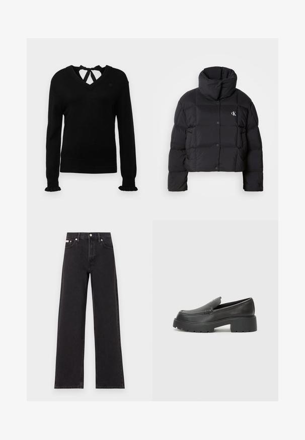 Black puffer jacket with a cropped design, high collar, and button closure. Made from glossy, insulated material featuring quilted sections.; Black sweater with a V-neck and tie-back detail. Long sleeves with ruffled cuffs. Soft texture, slim fit, and subtle logo on chest.; Black wide-leg jeans made of denim, featuring a high-rise waist, five-pocket styling, and a metal button closure with contrasting stitching.; Black leather loafers with a rounded toe, thick textured sole, and minimal stitching details. Sleek design with no visible laces or hardware.
