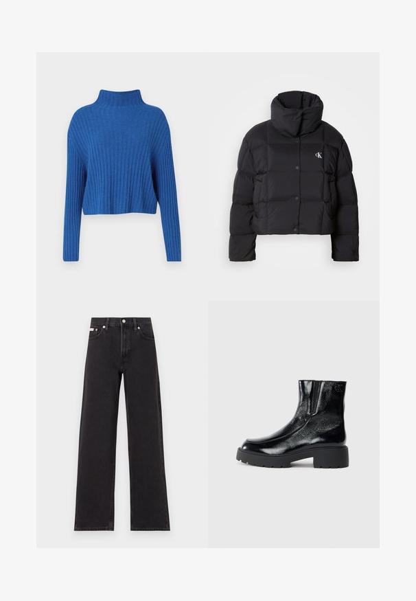 Črn napihnjen jakna s skrajšanim dizajnom, visokim ovratnikom in gumbnim zapiranjem. Narejena iz sijajnega, toplega materiala z oblečenimi odseki.; Modra rebrasta pletena jopica z visokim ovratnikom in dolgimi rokavi, ki se ponaša s skrajšanim dizajnom in teksturirano tkanino.; Črne široke jeans hlače iz denima, s poudarjenim pasom, petimi žepi in kovinskim gumbom za zapiranje ter kontrastnim šivanjem.; Črne gležnarje z sijajnim patentiranim usnjem, debele črne gumijaste podplate in dvignjen petni del; vključujejo subtilen logotip na strani.