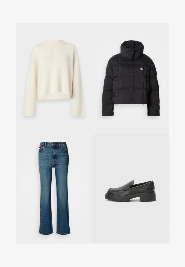 Schwarze Pufferjacke mit einem cropped Design, hohem Kragen und Knopfverschluss. Hergestellt aus glänzendem, isoliertem Material mit gesteppte Abschnitten.; Cremfarbener Pullover mit geripptem Rundhalsausschnitt, überschnittenen Schultern, langen Ärmeln und kurz geschnittenem Saum. Weiche Stricktextur, schlichtes Design.; Hochtaillierte blaue Jeans aus Denim mit geradem Bein, dezentem Verblassen und einem standardmäßigen Knopf- und Reißverschluss.; Schwarze Lederloafer mit einer abgerundeten Spitze, dicker strukturierten Laufsohle und minimalen Nähten. Schlankes Design ohne sichtbare Schnürsenkel oder Beschläge.