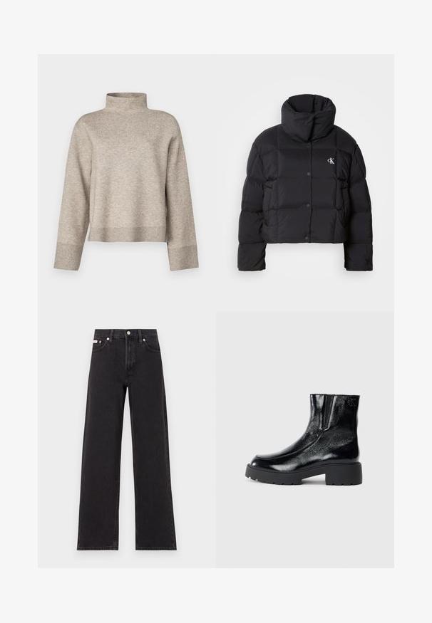 Chaqueta de plumas negra con un diseño corto, cuello alto y cierre de botones. Fabricada con material brillante e insulated que presenta secciones acolchadas.; Suéter beige de cuello alto hecho de un tejido de punto suave. Presenta un diseño corto, mangas largas y puños y dobladillo acanalados.; Jeans anchos de mezclilla negros, con cintura alta, cinco bolsillos y cierre de botón metálico con costuras contrastantes.; Botines negros con acabado de charol brillante, suela de goma negra gruesa y tacón elevado; incluye un sutil detalle del logo en el lateral.