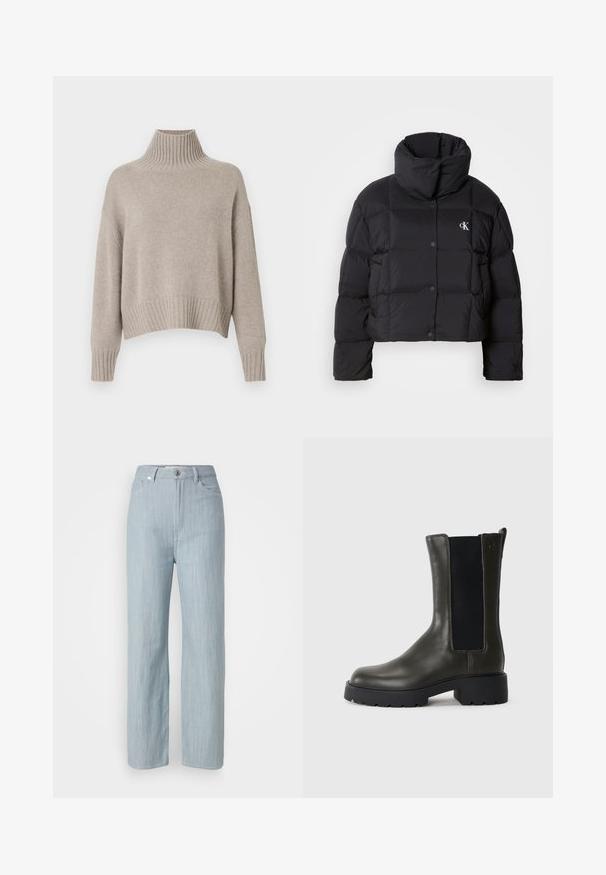 Melnā pūkainā jaka ar saīsinātu dizainu, augstu apkakli un pogu aizdari. Izgatavota no spīdīgas, izolējošas materiāla ar kviltētām daļām.; Bežs adīts džemperis ar augstu ribotā apkakli, kritušām plecu daļām un ribotu apakšmalu, demonstrējot maigu faktūru un brīvu piegriezumu.; Gaiši zilas taisnas kājas džinsi, izgatavoti no džinsa auduma. Iezīmē piecas kabatas, metāla pogu aizdari un smalku nodilumu tekstūrai.; Zaļas ādas potīšu zābaki ar elastīgiem sānu paneļiem, noapaļota purngala un gumijas zoli. Piedāvā teksturētu apdari un bloka papēdi.