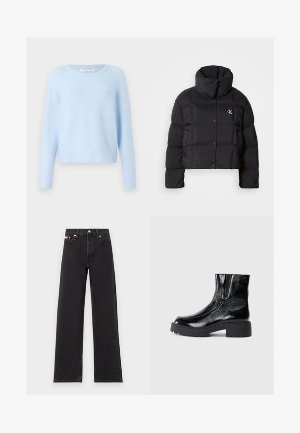 Juodas pūkinis švarkas su trumpu dizainu, aukštu apykakle ir mygtukų uždarymu. Pagamintas iš blizgios, šiltos medžiagos, turinčios siūtas dalis.; Šviesiai mėlynas megztinis, pagamintas iš minkštos medžiagos, su apvaliu iškirpimu, ilgomis rankovėmis ir raštuotais rankogaliais bei apačia. Klasikinis, trumpas dizainas.; Juodos plačios kojų džinsai, pagaminti iš džinsinio audinio, su aukštu liemeniu, penkių kišenių stiliumi ir metaline sagte su kontrastingo siuvimo detalėmis.; Juodi kulkšniniai batai su blizgia lakuota oda, storu juodu guminio pado ir pakeltu kulnu; šone yra subtilus logotipo detalė.