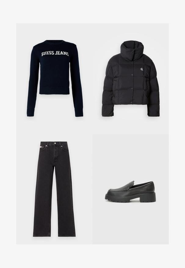 Schwarze Pufferjacke mit einem cropped Design, hohem Kragen und Knopfverschluss. Hergestellt aus glänzendem, isoliertem Material mit gesteppte Abschnitten.; Guess Jeans INTARSIA SWTR - Strickpullover - daring ocean; Schwarze weit geschnittene Jeans aus Denim mit einem hoch sitzenden Bund, fünf Taschen und einem Metallknopfverschluss mit kontrastierendem Nähte.; Schwarze Lederloafer mit einer abgerundeten Spitze, dicker strukturierten Laufsohle und minimalen Nähten. Schlankes Design ohne sichtbare Schnürsenkel oder Beschläge.