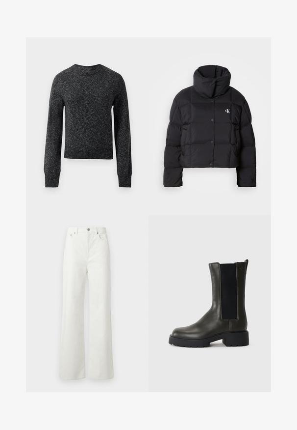 Črn napihnjen jakna s skrajšanim dizajnom, visokim ovratnikom in gumbnim zapiranjem. Narejena iz sijajnega, toplega materiala z oblečenimi odseki.; Temno sivo marlirano pleteno pulover s dolgimi rokavi, rebrastimi manšetami, robom in okroglo ovratnikom, prikazan na beli podlagi.; Samsøe Samsøe SHELLY - Široke kavbojke - clear cream; Zelena usnjena gležnjarja z elastikami na straneh, zaokroženo obliko prsta in gumijastim podplatom. Ima teksturirano površino in blok peto.