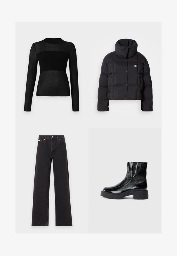 Black puffer jacket with a cropped design, high collar, and button closure. Made from glossy, insulated material featuring quilted sections.; Black long-sleeve top made of ribbed knit fabric. Features a high neckline and a semi-sheer detail across the chest and sleeves.; Black wide-leg jeans made of denim, featuring a high-rise waist, five-pocket styling, and a metal button closure with contrasting stitching.; Black ankle boots with a glossy patent leather finish, chunky black rubber sole, and raised heel; includes subtle logo detail on the side.