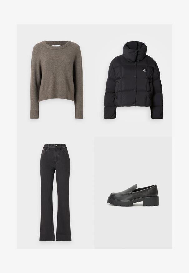 Black puffer jacket with a cropped design, high collar, and button closure. Made from glossy, insulated material featuring quilted sections.; Dark brown cropped sweater made of soft material, featuring a crew neckline, long sleeves, and ribbed cuffs and hem.; Black high-waisted flared jeans made of denim, featuring a button closure, belt loops, and side pockets. Smooth texture with minimal fading.; Black leather loafers with a rounded toe, thick textured sole, and minimal stitching details. Sleek design with no visible laces or hardware.